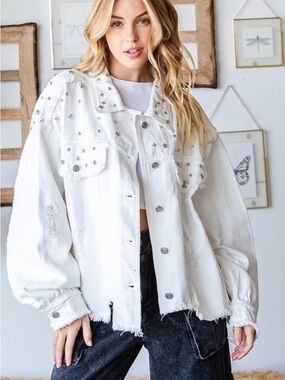 Oli & Hali White Star Studded Distressed Denim Jacket - NWT - Size Small